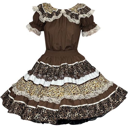 The Wild Animal Print Outfit by Square Up Fashions is a brown short-sleeve dress with lace trim, ruffled layers, and brown, white, and leopard cheetah skirt accents for a playful touch.
