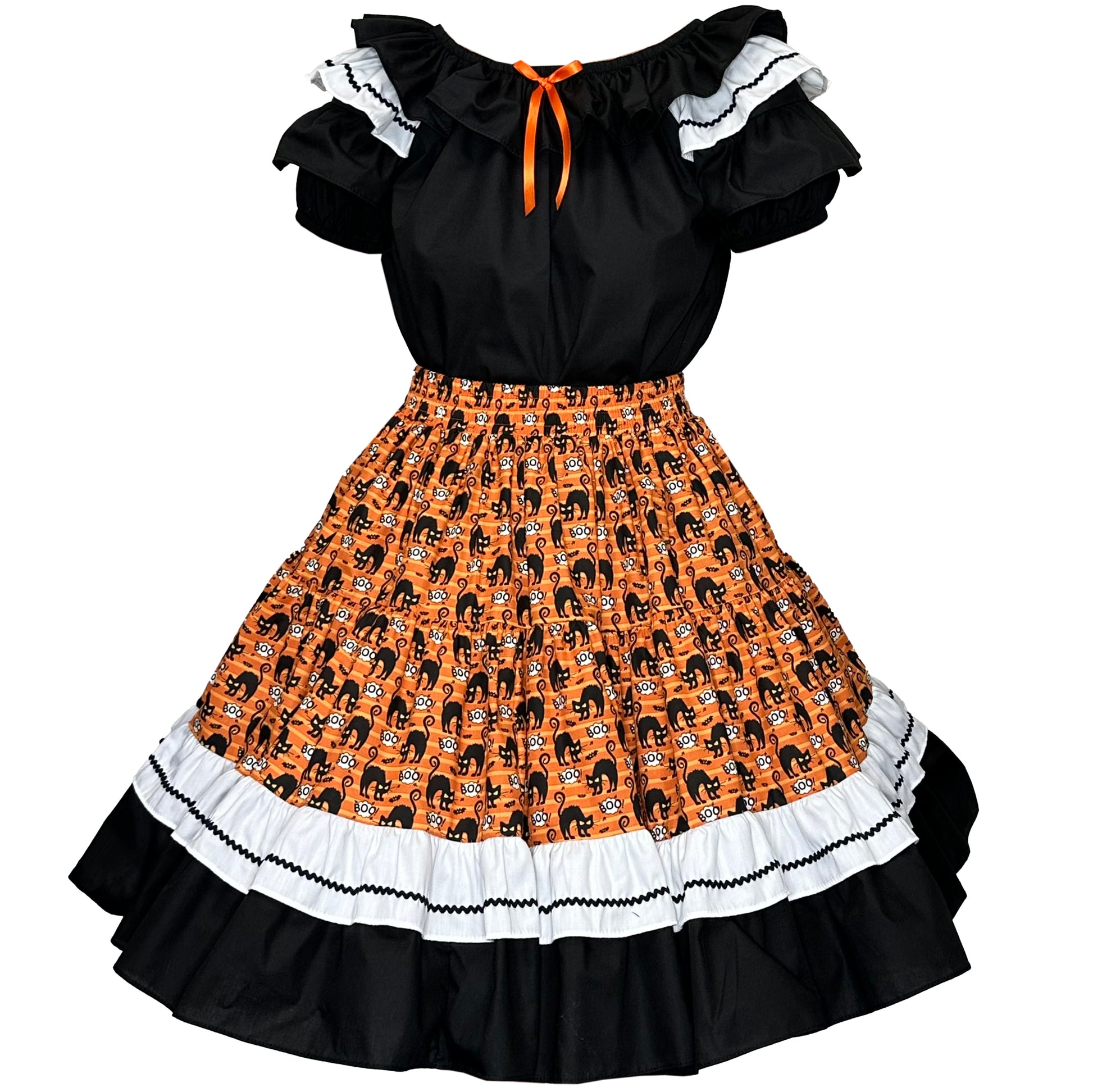 Square Up Fashions' Scared-y Cat Square Dance Outfit is a festive two-piece Halloween set with a black ruffled bodice, orange ribbon neckline, puffed sleeves, and an orange skirt featuring a black cat and ruffled trim.