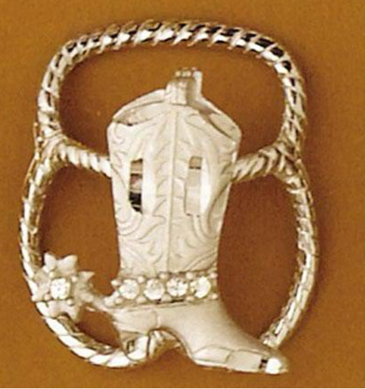 The Western Express Silver Boot Scarf Slide is a silver-plated cowboy boot with spur and rope-like border, displayed on a brown background. Made in the USA.