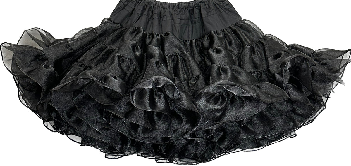 A black ruffled Crystal Petticoat on a white background made with Square Up Fashions fabric.