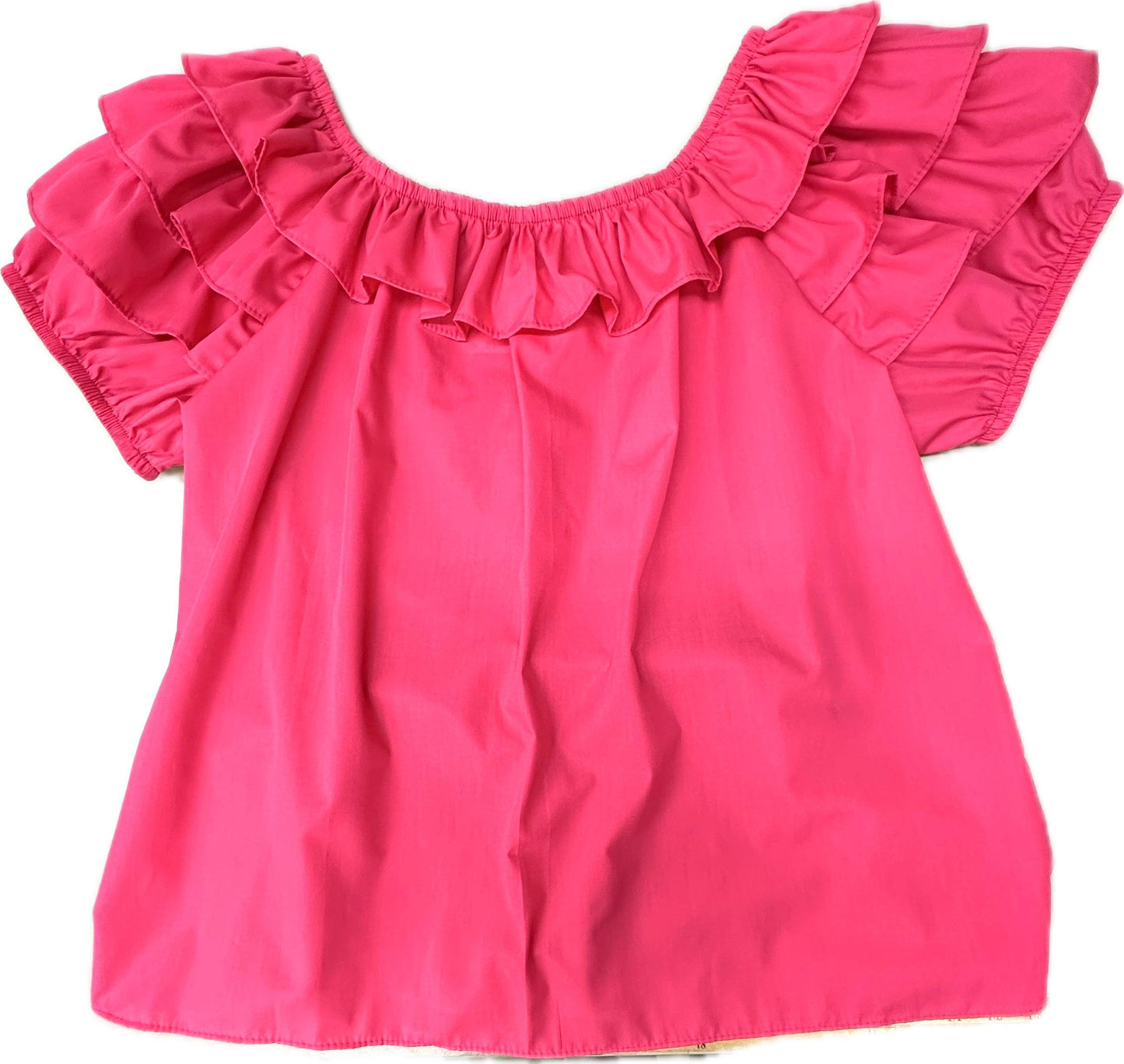 The Square Up Fashions Triple Ruffle Blouse is a bright pink peasant top with short sleeves and ruffled detailing at the neck and shoulders, shown on a white background.
