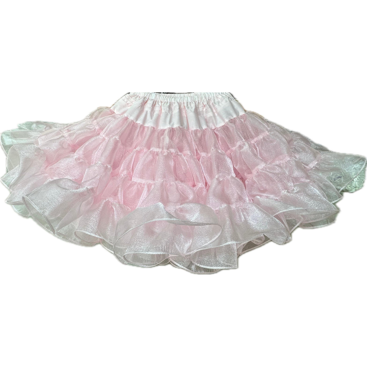 The Square Up Fashions Crystal Petticoat features pink, ruffled crystal fabric with a sheer, shimmery finish and an elastic waistband, shown against a white background.