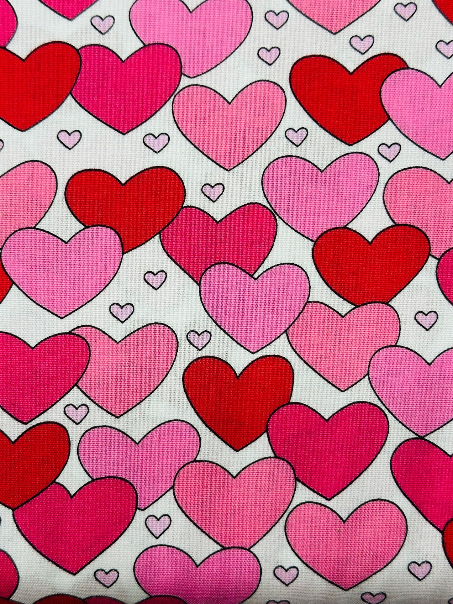 The Hearts of Love Skirt by Square Up Fashions features red, pink, and light pink hearts on white—perfect for a romantic tiered or charming Valentine's square dance skirt.