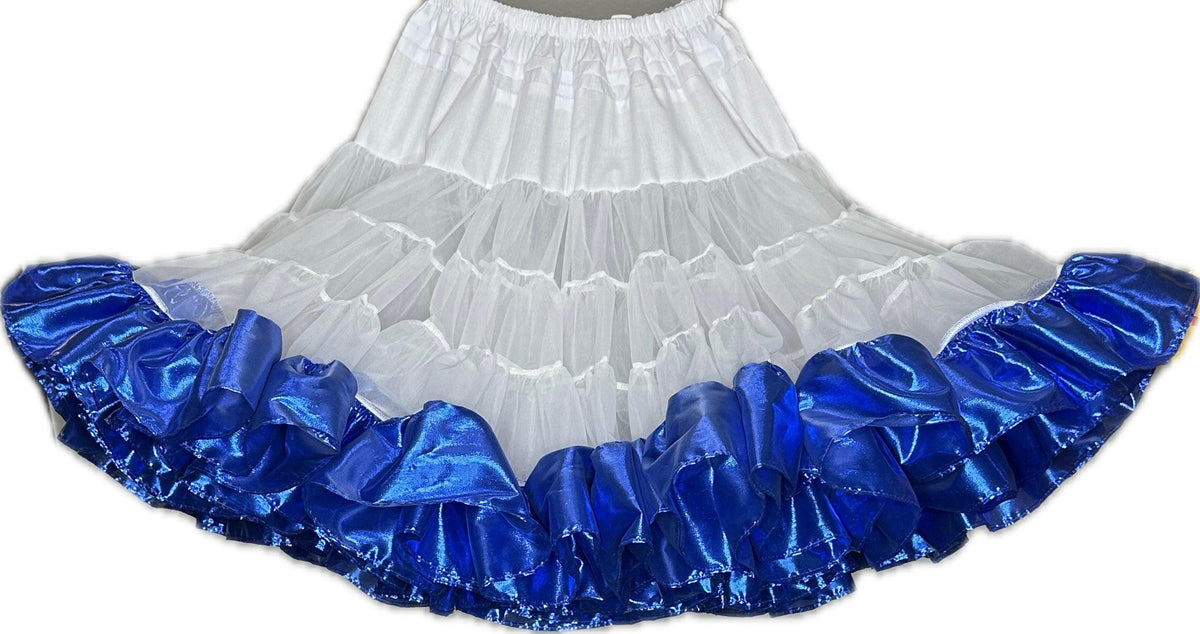 A blue and white Combo Metallic Petticoat skirt with ruffles made of tissue lame fabric by Square Up Fashions.