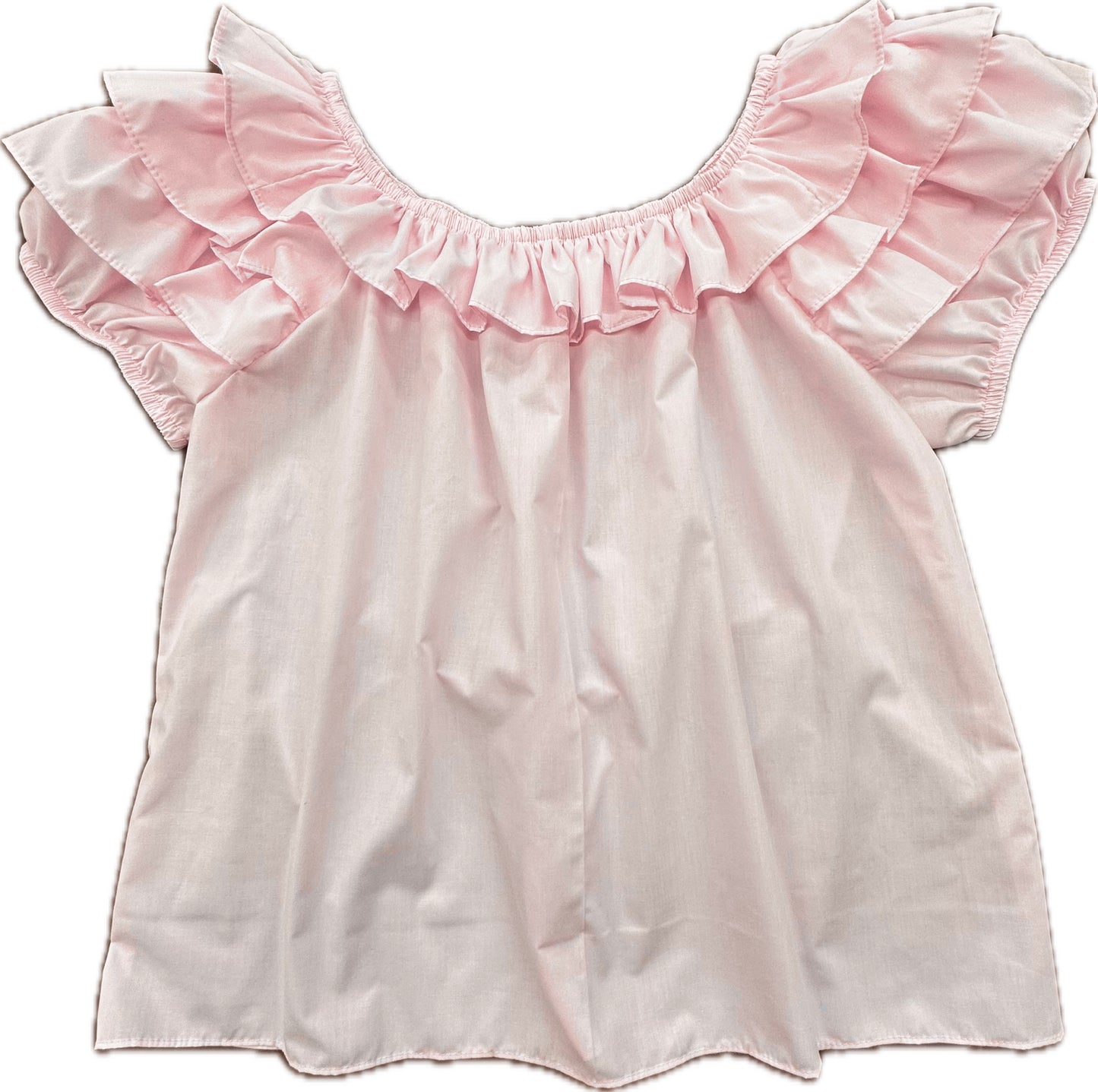 Square Up Fashions’ Triple Ruffle Blouse in light pink features a ruffled neck and short sleeves, shown flat on a white background.