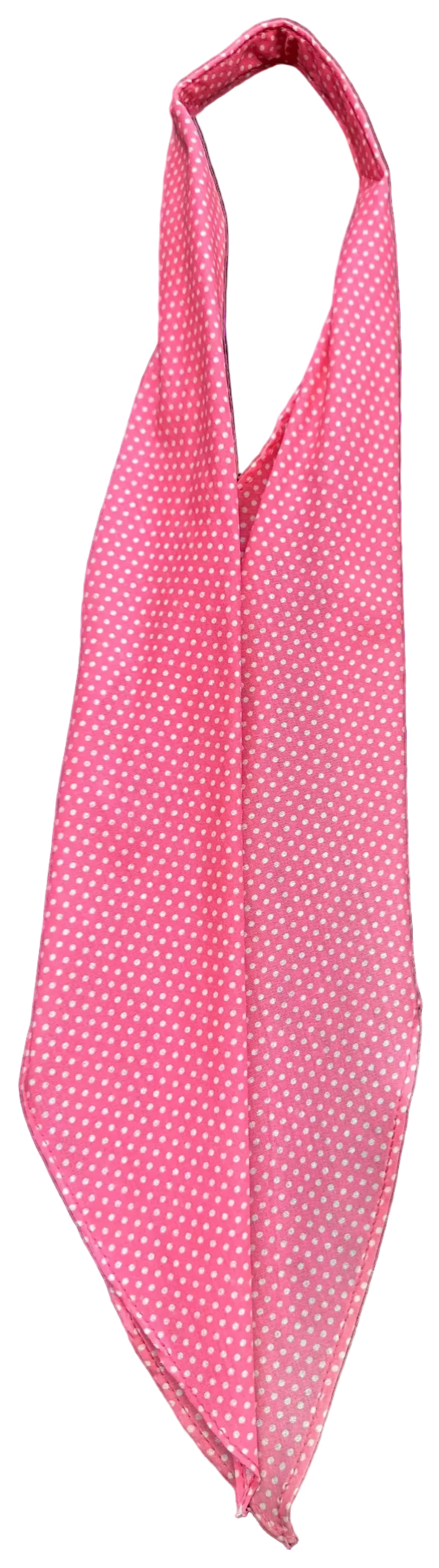 The CLEARANCE Polka Dot Scarf Ties by Square Up Fashions, made from 100% cotton, is a pink neckerchief with a white polka dot pattern, displayed flat on a dark brown surface.