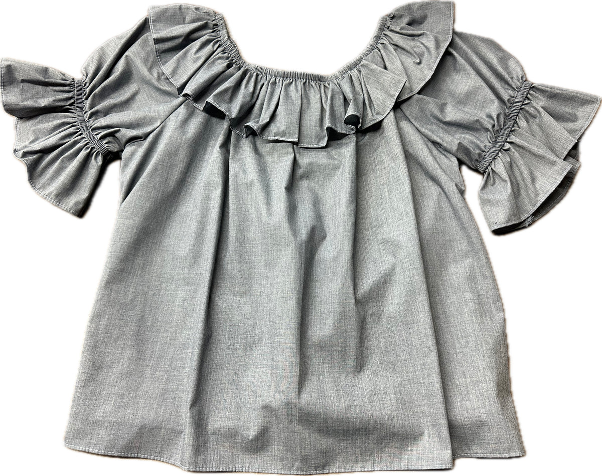 Grey scoop neck blouse with ample fit, ruffled collar and sleeves by Square Up Fashions.
