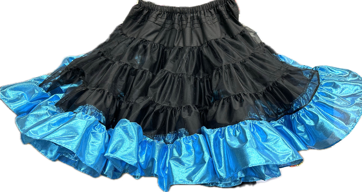 A black skirt with ruffles made from Combo Metallic Petticoat fabric by Square Up Fashions.