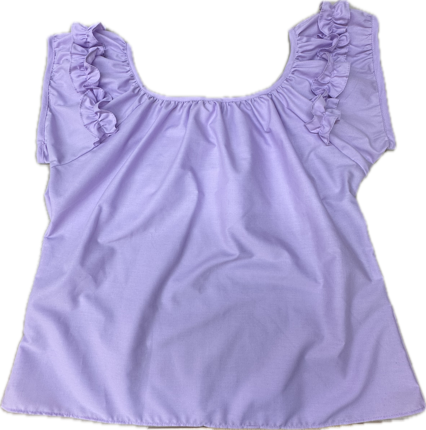 The Basic Ruffle Blouse by Square Up Fashions in light purple features ruffled shoulder details and a scoop neckline. Shown flat on a white background. Available in custom sizes.