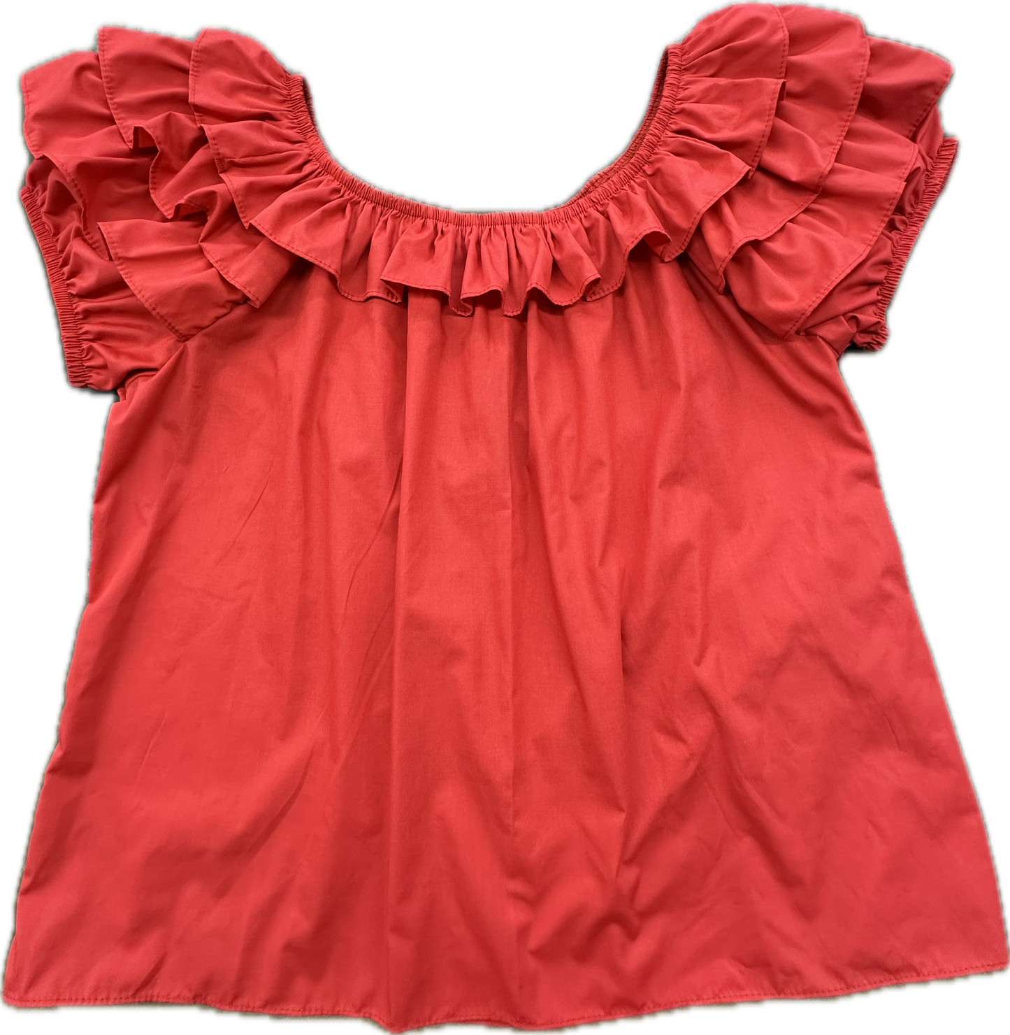 The Square Up Fashions Triple Ruffle Blouse is a short-sleeved, coral pink peasant top with a ruffled neck and elegant shoulder details, shown flat on a white background.
