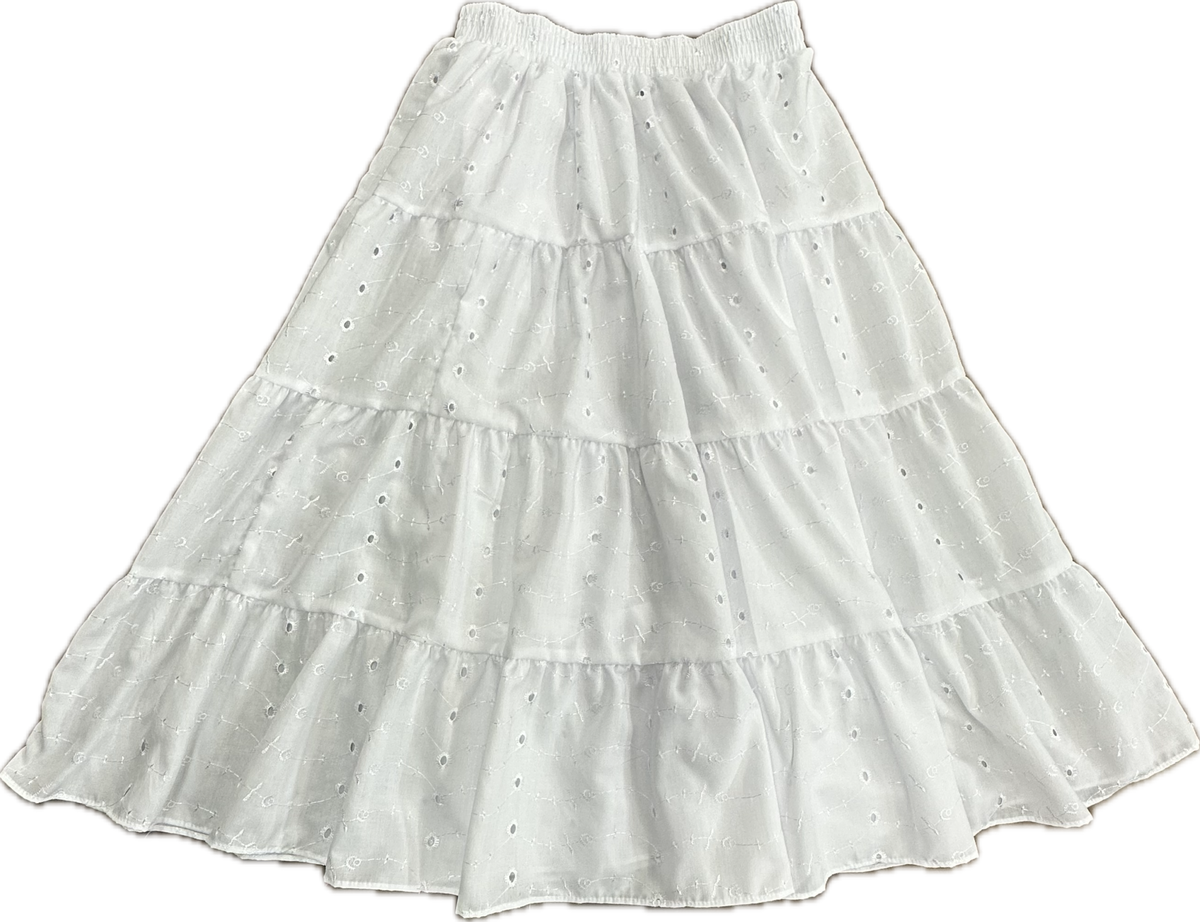 The Square Up Fashions 4 Tier Eyelet Prairie Skirt is a white, ankle-length summer skirt with embroidered eyelet details and an elastic waistband, shown laid flat on a white background.