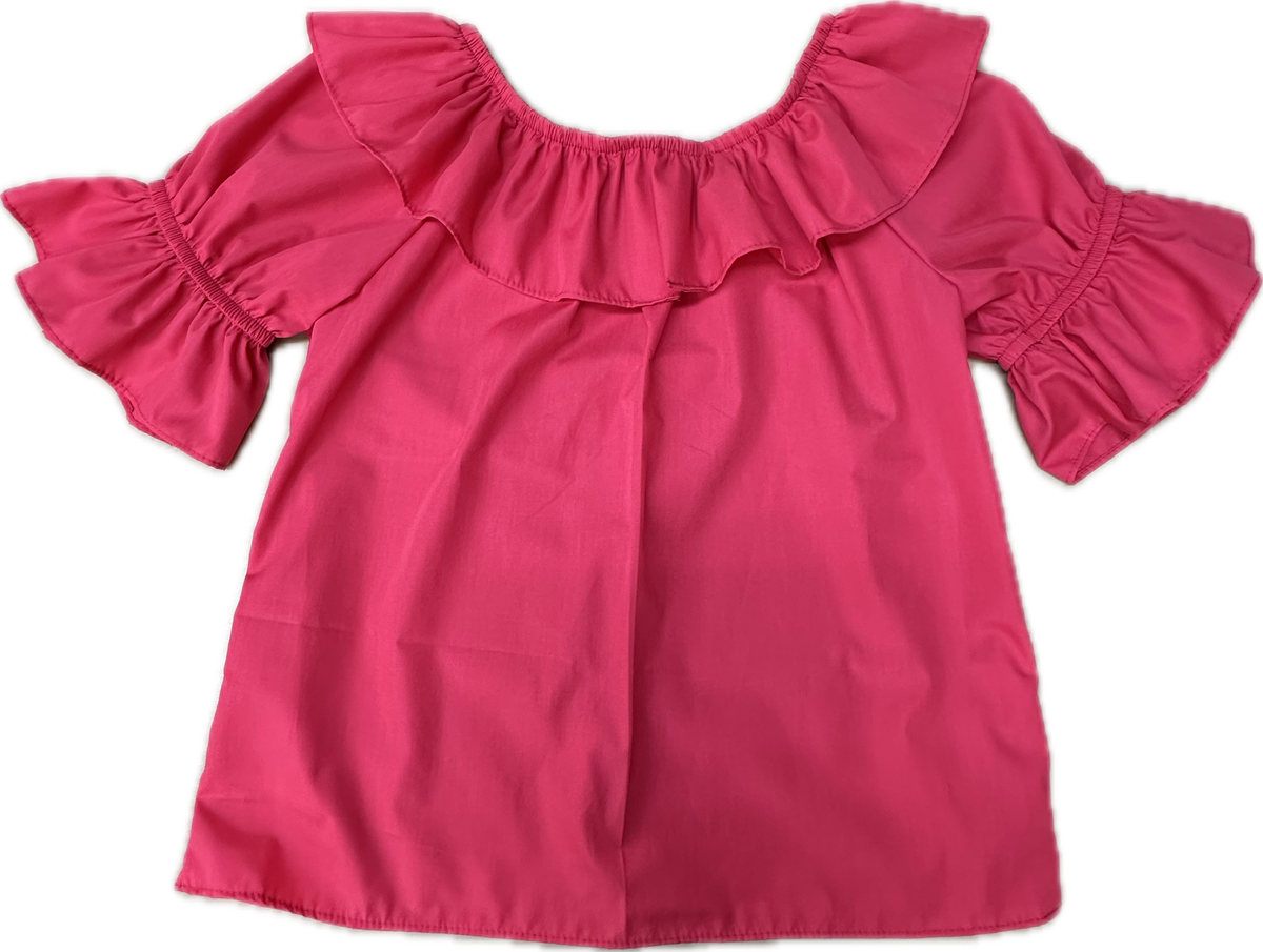 The Square Up Fashions Scoop Neck Blouse is a bright pink, short-sleeved top with ruffled sleeves and an off-the-shoulder split ruffle collar, shown laid flat on a white background.