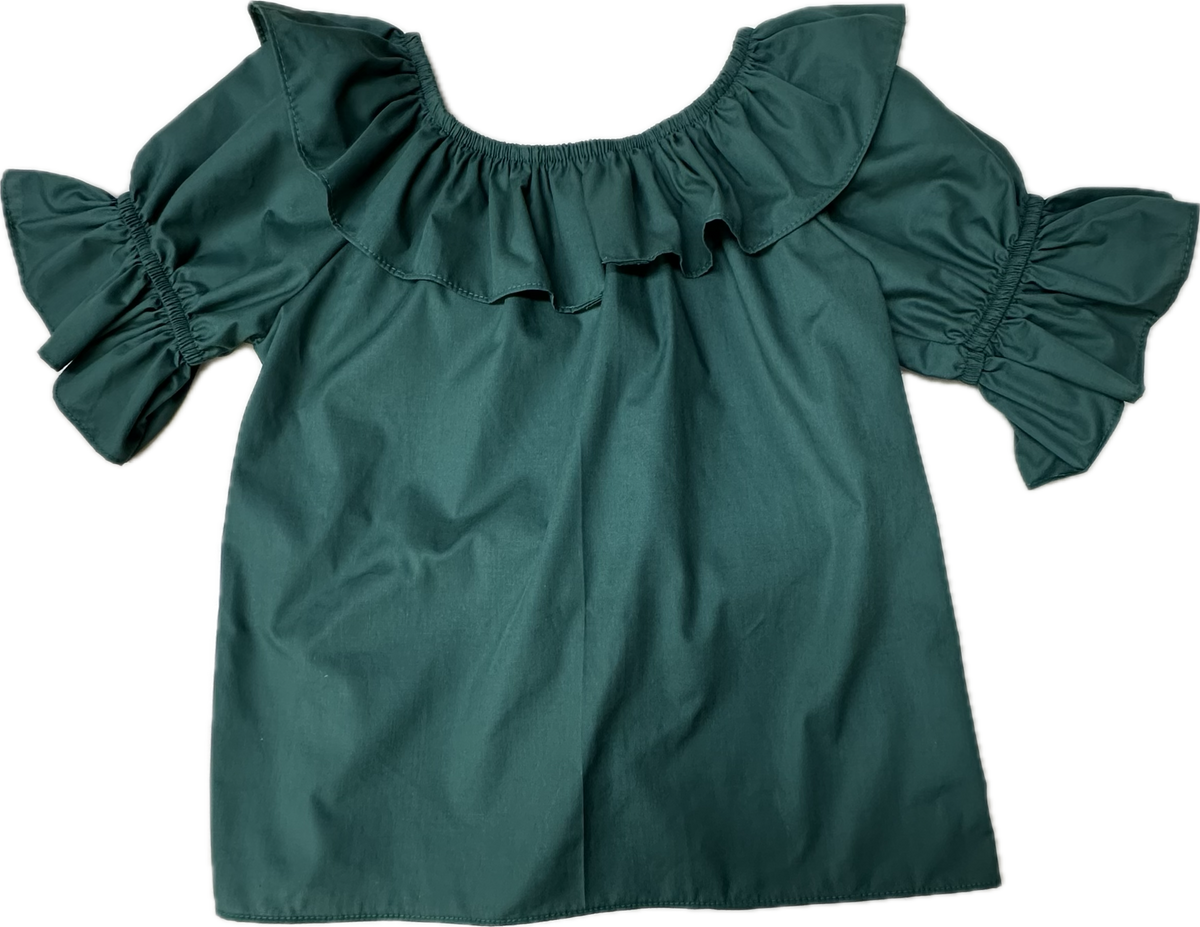 The Square Up Fashions Scoop Neck Blouse in dark green features an off-the-shoulder design with a split ruffle collar and ruffled sleeves, shown flat on a white background.