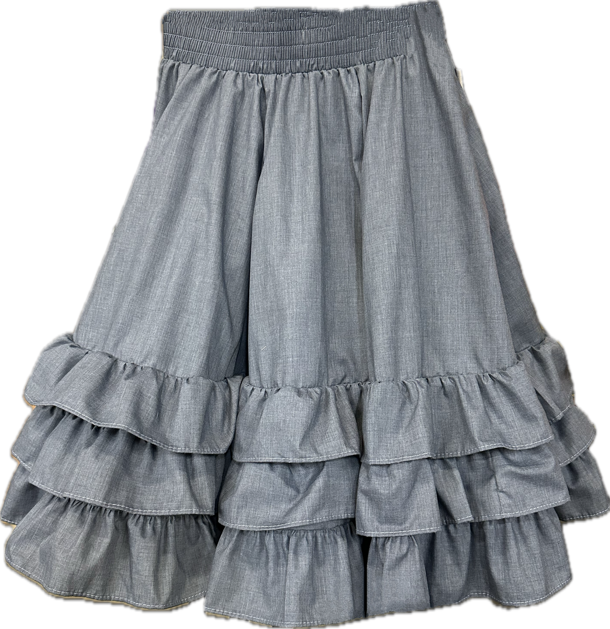 An eight gore 3 Ruffle Square Dance Skirt with solid ruffles, available in custom sizes by Square Up Fashions.