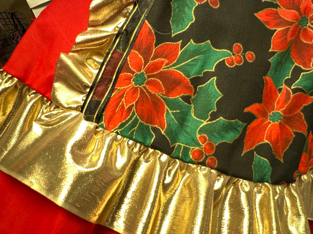 A glamorous Fancy Christmas Square Dance Outfit with poinsettias on it from Square Up Fashions.
