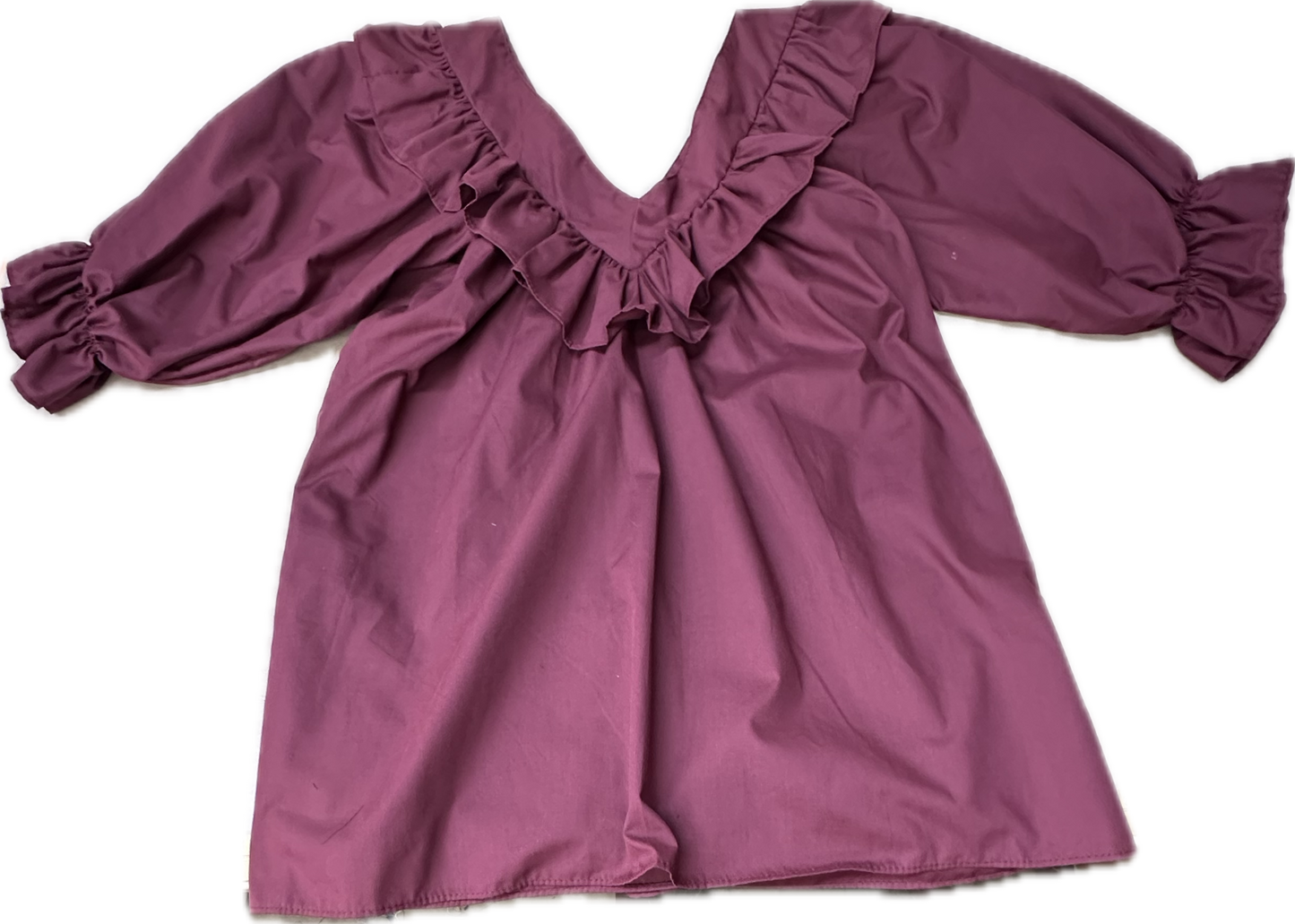 The Square Up Fashions V Neck 3/4 Sleeve Blouse in deep purple features ruffled trim along the neckline and elastic cuffs, shown on a white background.