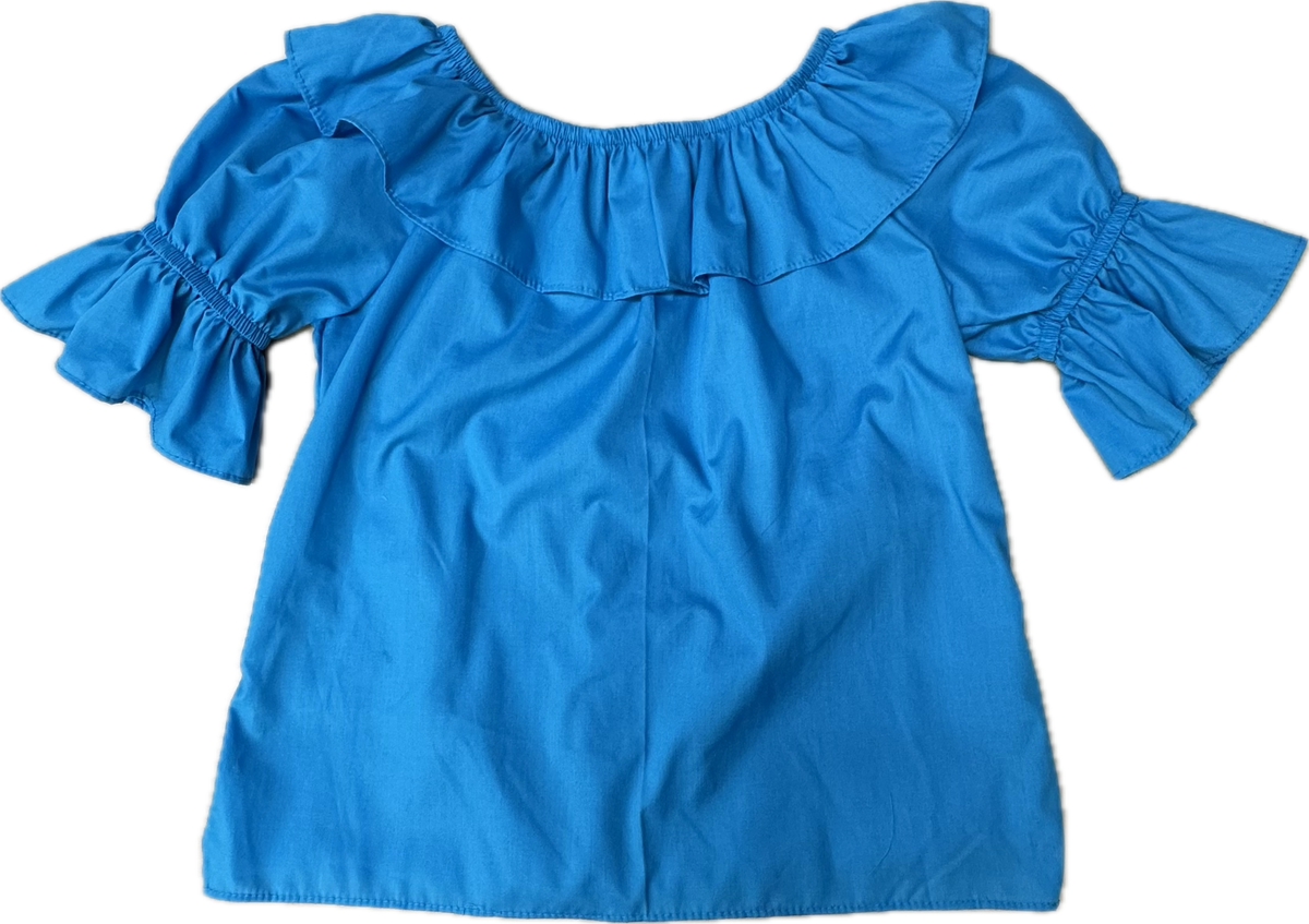 Square Up Fashions Scoop Neck Blouse in bright blue, featuring a split ruffle collar, ruffled sleeves, and relaxed fit. Shown laid flat on a white background.