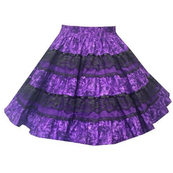 The Tone on Tone Square Dance Skirt by Square Up Fashions features five purple tiers with black lace bands and a flared, layered silhouette.