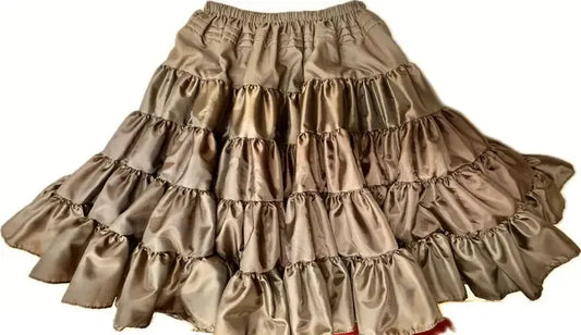 The DISCOUNTED Softer Poly-Liner Petticoat by Square Up Fashions, shown in brown with multiple ruffled tiers and an elastic waistband, is crafted from soft polyester and displayed against a white background. Available in 3 colors!.