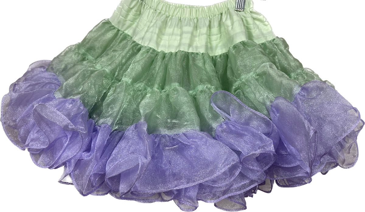 An adjustable CLEARANCE Childrens Crystal Petticoat with ruffles in purple and green by Square Up Fashions.