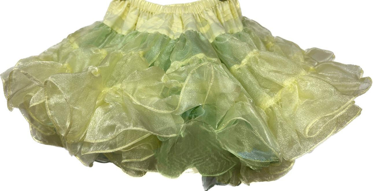 An adjustable, yellow and green CLEARANCE Childrens Crystal Petticoat made of nylon fabric, hanging on a hanger, by Square Up Fashions.