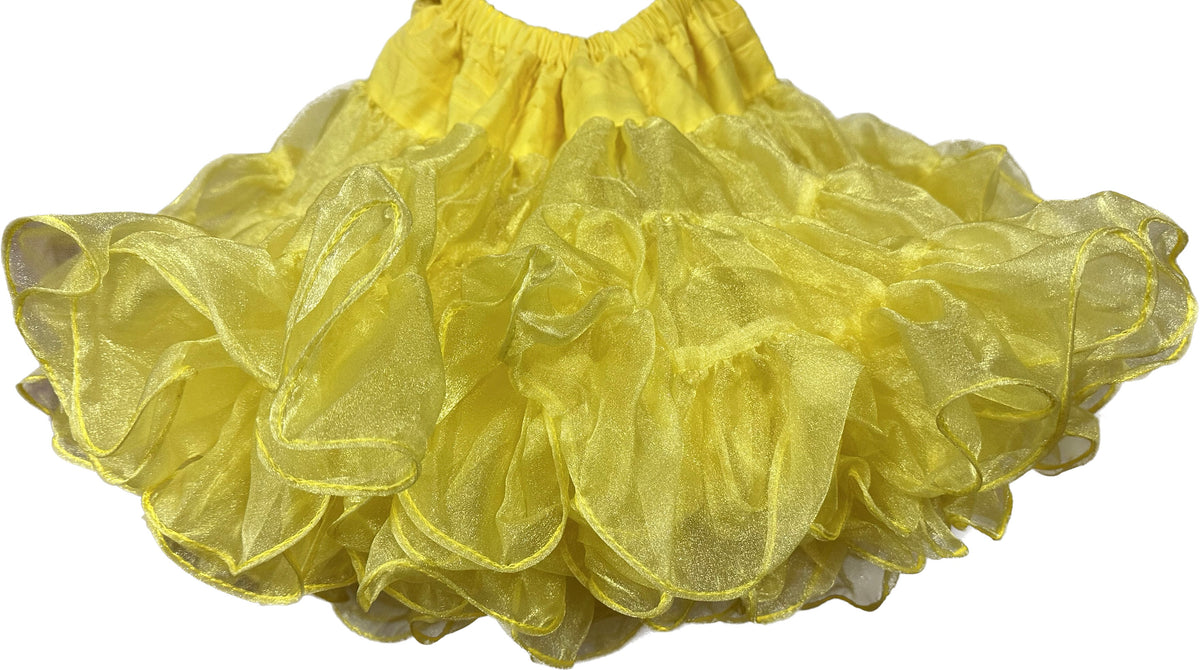 A CLEARANCE Childrens Crystal Petticoat made of adjustable nylon crystal fabric, hanging on a white background. (Brand: Square Up Fashions)