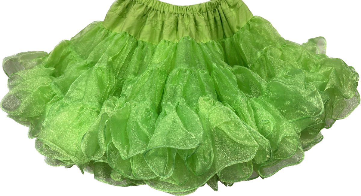 An adjustable green tutu with glitter made from the CLEARANCE Childrens Crystal Petticoat by Square Up Fashions.