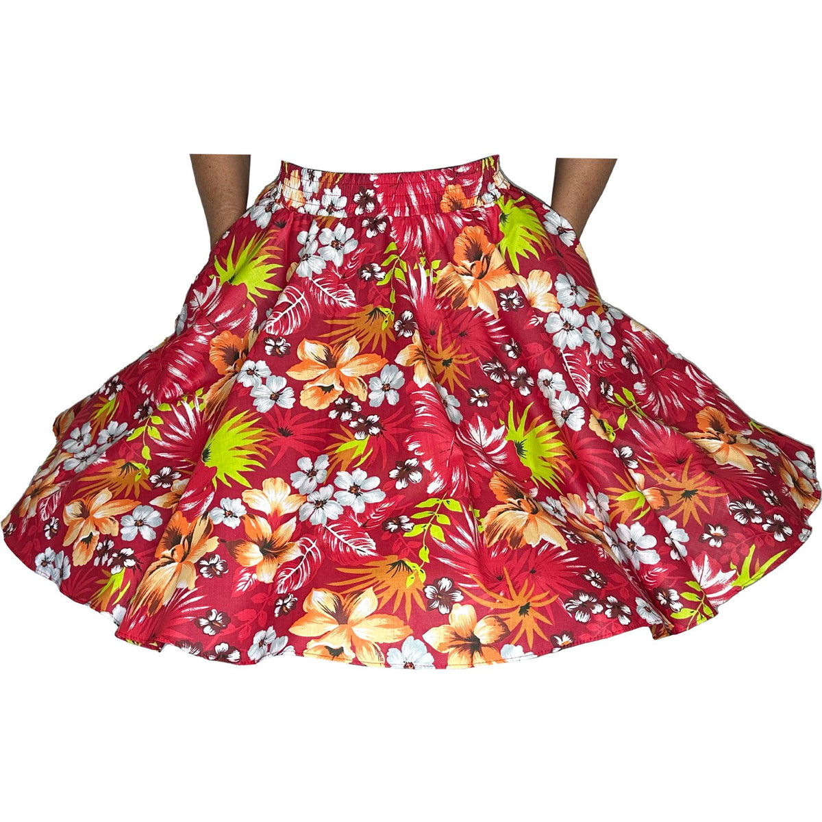 A woman wearing a red Floral Tropical Hawaiian Square Dance Skirt with a hibiscus flower print from Square Up Fashions.