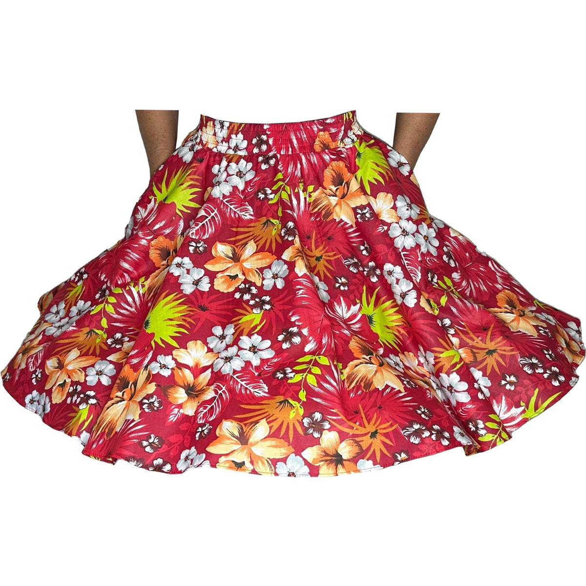 A woman wearing a Tropical Hawaiian Square Dance Skirt by Square Up Fashions.