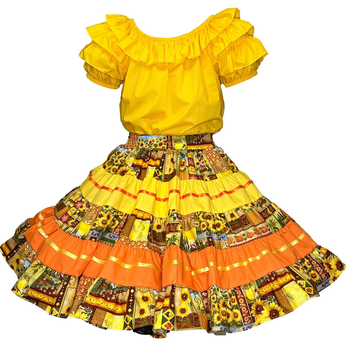 A Golden Harvest Fall Outfit dress with sunflowers on it, perfect for autumn from Square Up Fashions.