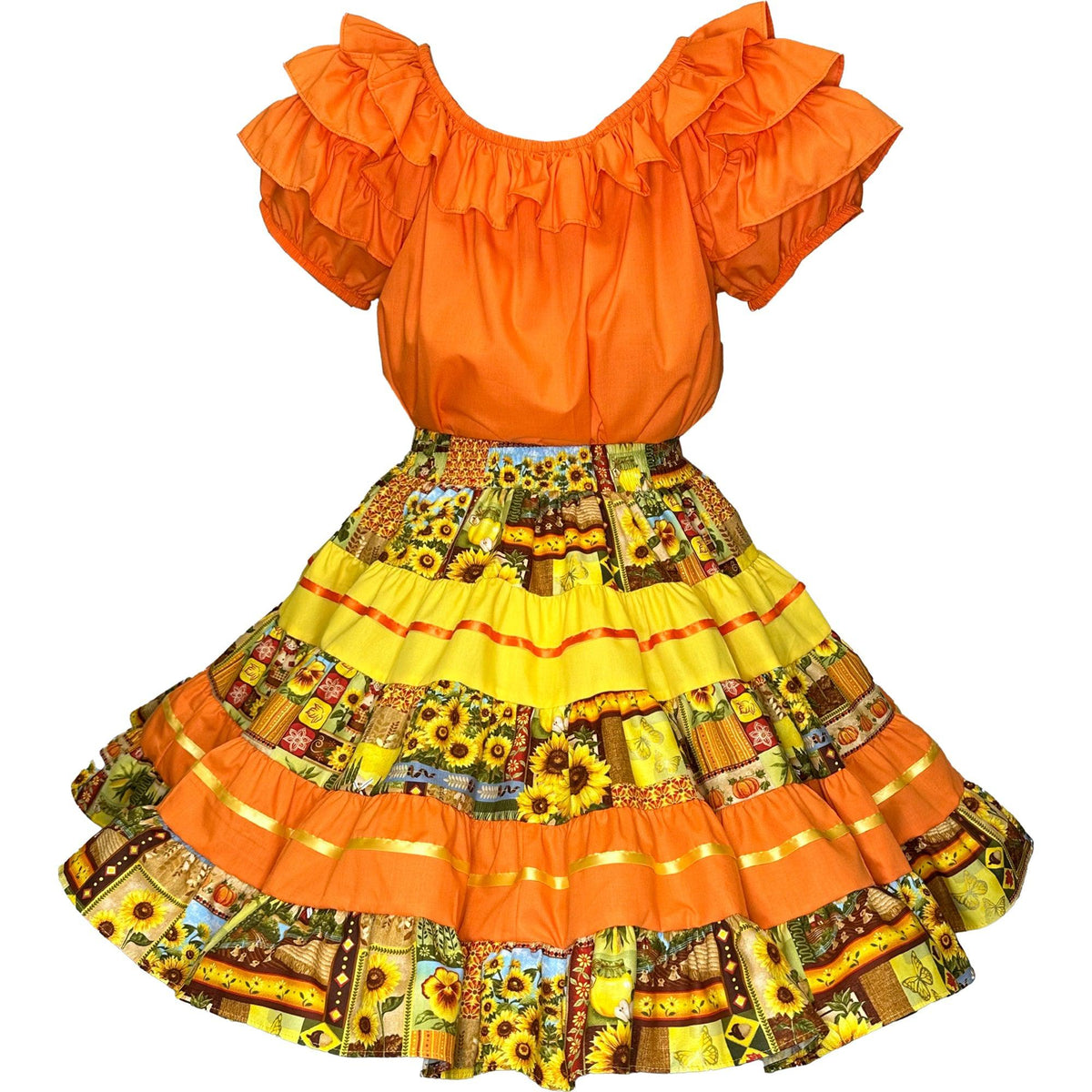A girl&#39;s Golden Harvest Fall Outfit with ruffles, perfect for the autumn harvest season, by Square Up Fashions.