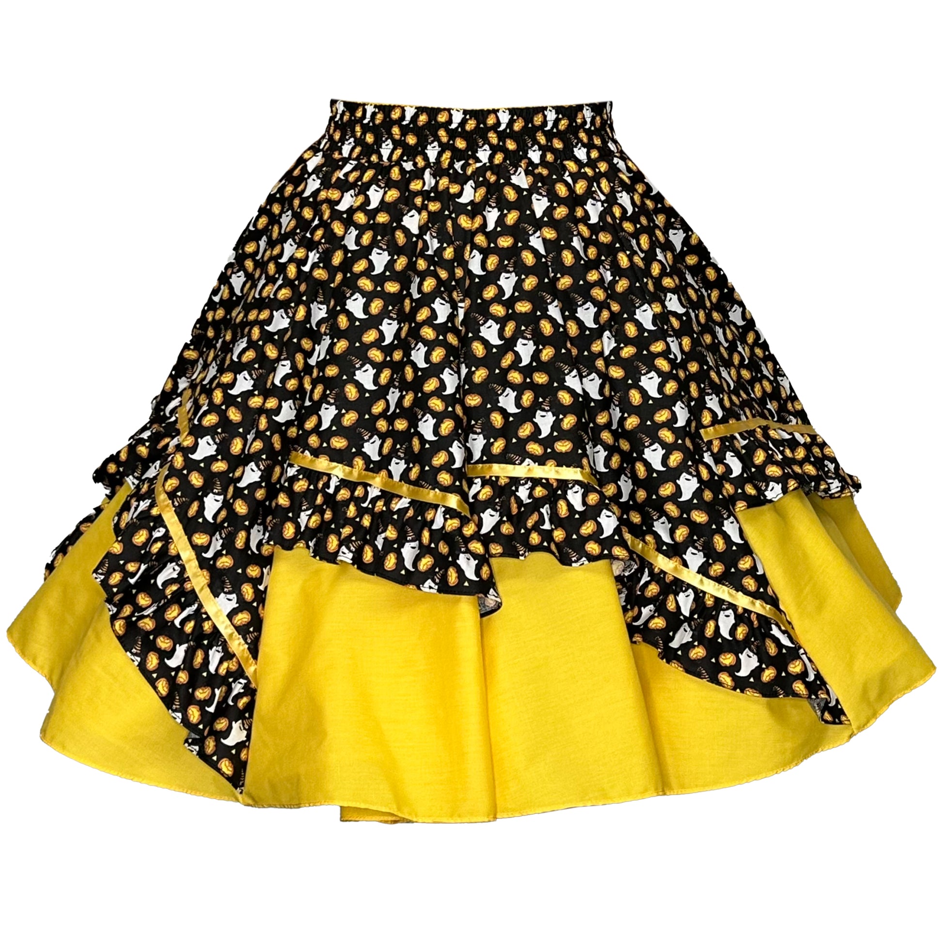 The Witches Hat Square Dance Skirt by Square Up Fashions is a knee-length black and yellow floral skirt with ruffled layers and a yellow underskirt—ideal for Halloween dances or fall festival outfits.