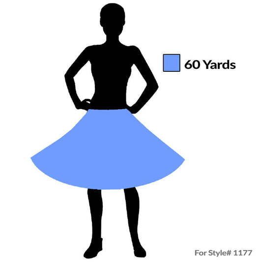 Silhouette of a person in the Square Up Fashions Combo Metallic Petticoat (60 yard), featuring a color key for yardage and “For Style# 1177” in the corner—perfect as a vibrant petticoat or Square Dance Outfit in Tissue Lame Fabric.