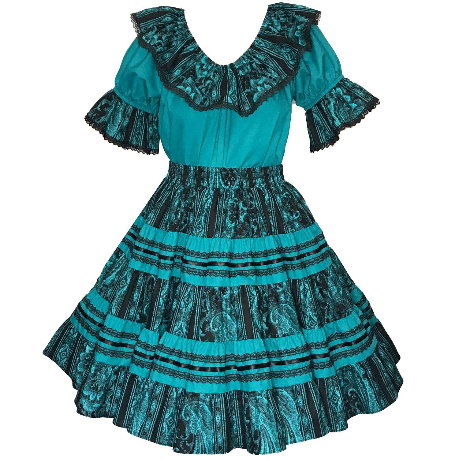 A turquoise and black Regal Stripe Square Dance Outfit with ruffles made from striped fabric, perfect for square dancing by Square Up Fashions.