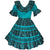 A turquoise and black Regal Stripe Square Dance Outfit with ruffles made from striped fabric, perfect for square dancing by Square Up Fashions.