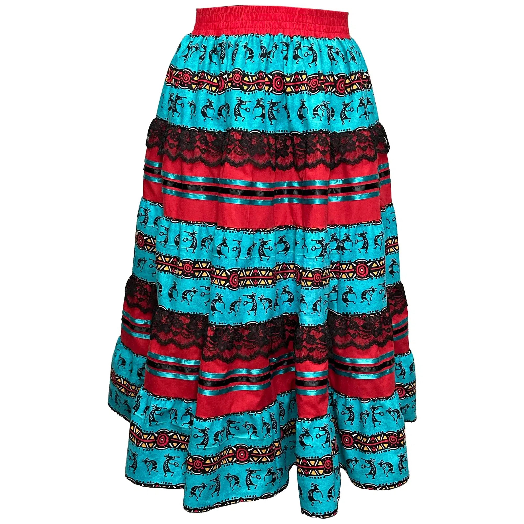 A Kokopelli Prairie Skirt by Square Up Fashions with a red, blue and black pattern.