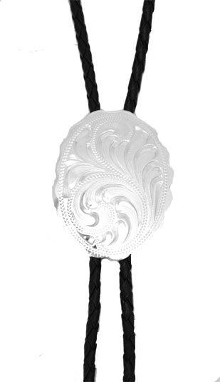 A Western Express silver engraved bolo tie with a black cord, made in USA.