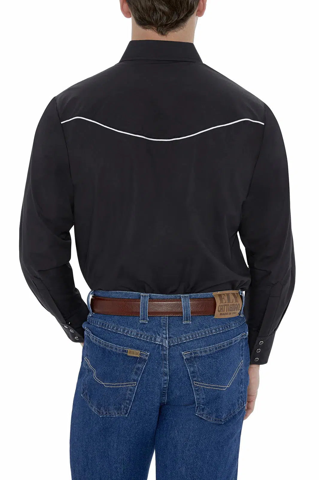 The back of a man wearing jeans and an ELY Mens Embroidered Eagle Western Shirt.