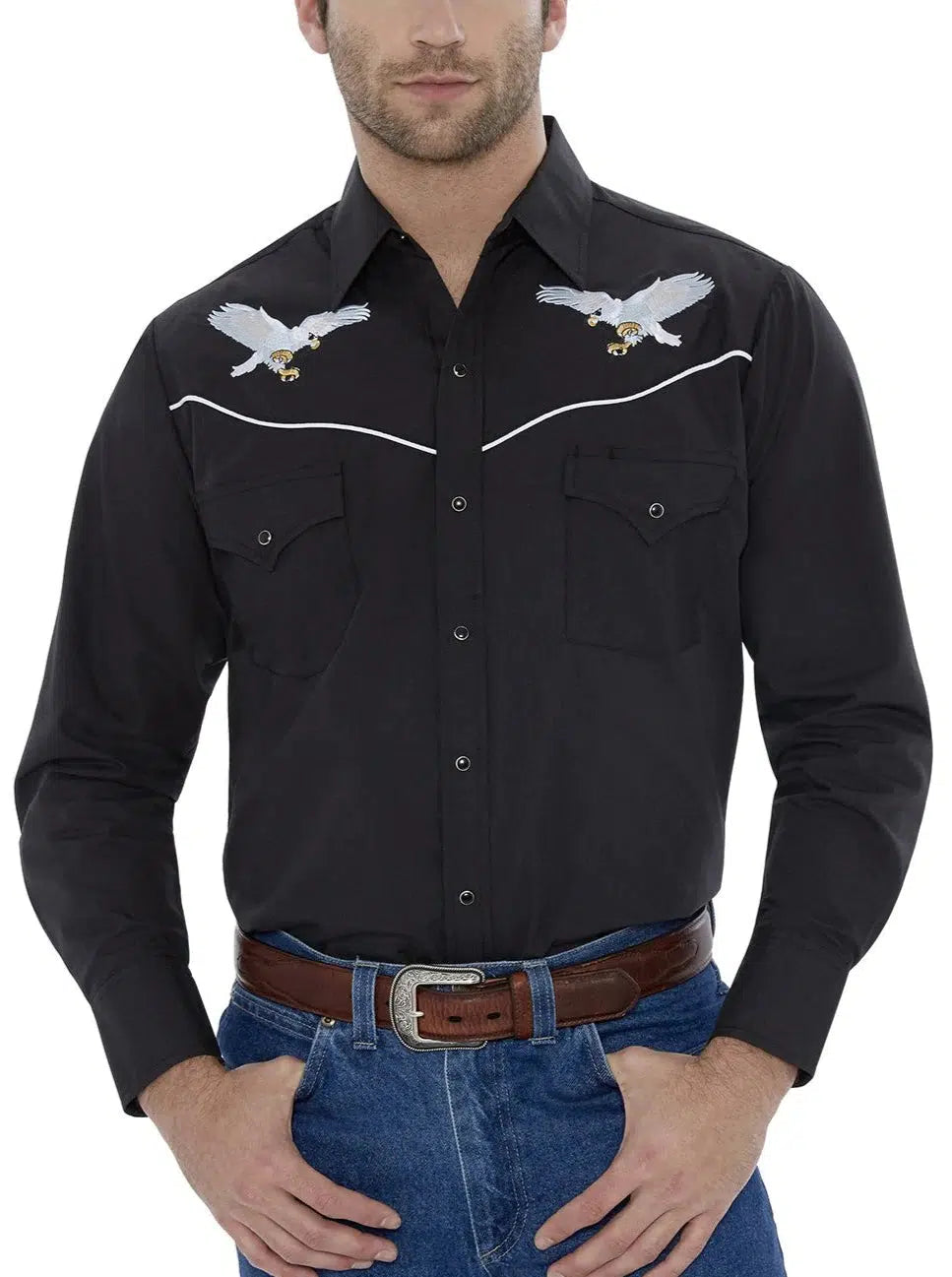 Men&#39;s ELY Mens Embroidered Eagle Western Shirt in black, showcasing American pride, with hi-res details.