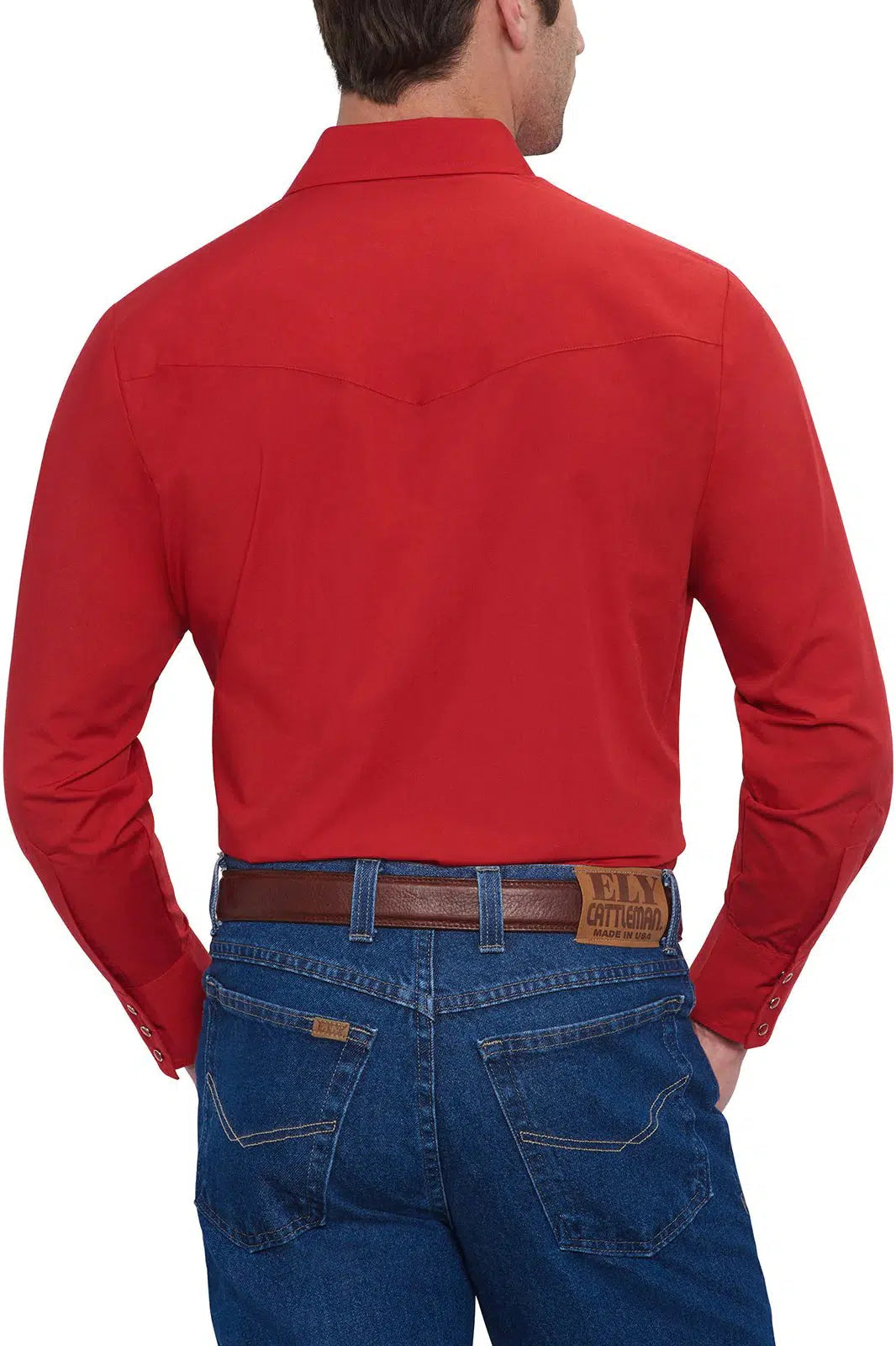 The back of a man wearing jeans and a red long sleeve ELY Men&#39;s Long Sleeve Solid Western Snap Solid Shirt with Western Yokes.