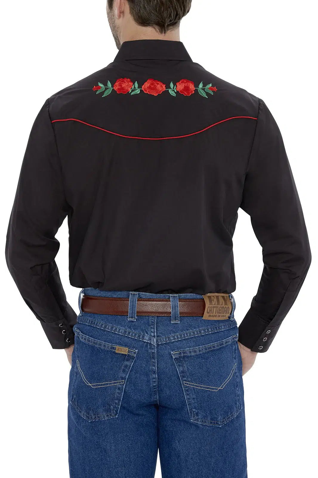 The back of a man wearing an ELY mens embroidered rose western shirt by Ely brand shirts.