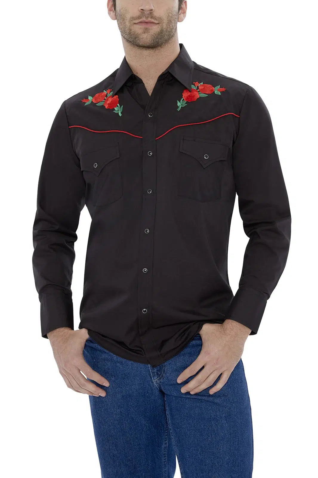Hi-res black ELY men&#39;s western embroidered shirt showcasing Ely brand and featuring intricate Western yokes with embroidered roses.