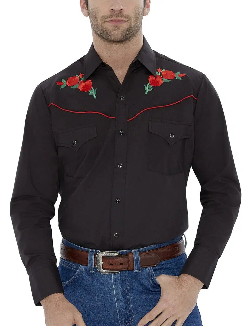 A man donning a black ELY Mens Embroidered Rose Western Shirt featuring exquisite embroidered roses.