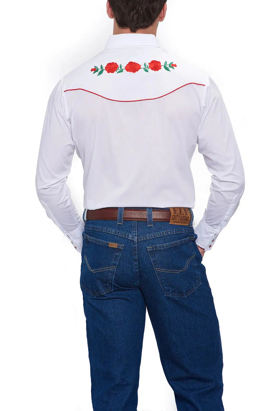 The back of a man wearing an Ely brand ELY Mens Embroidered Rose Western Shirt with embroidered red roses and Western yokes.