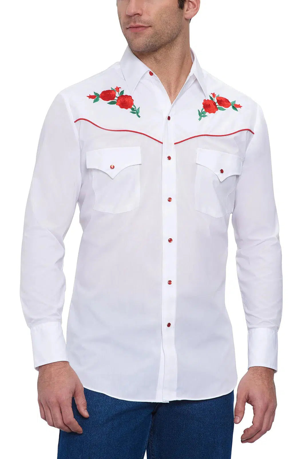 A man sporting an ELY Mens Embroidered Rose Western Shirt with embroidered red roses on its yokes.