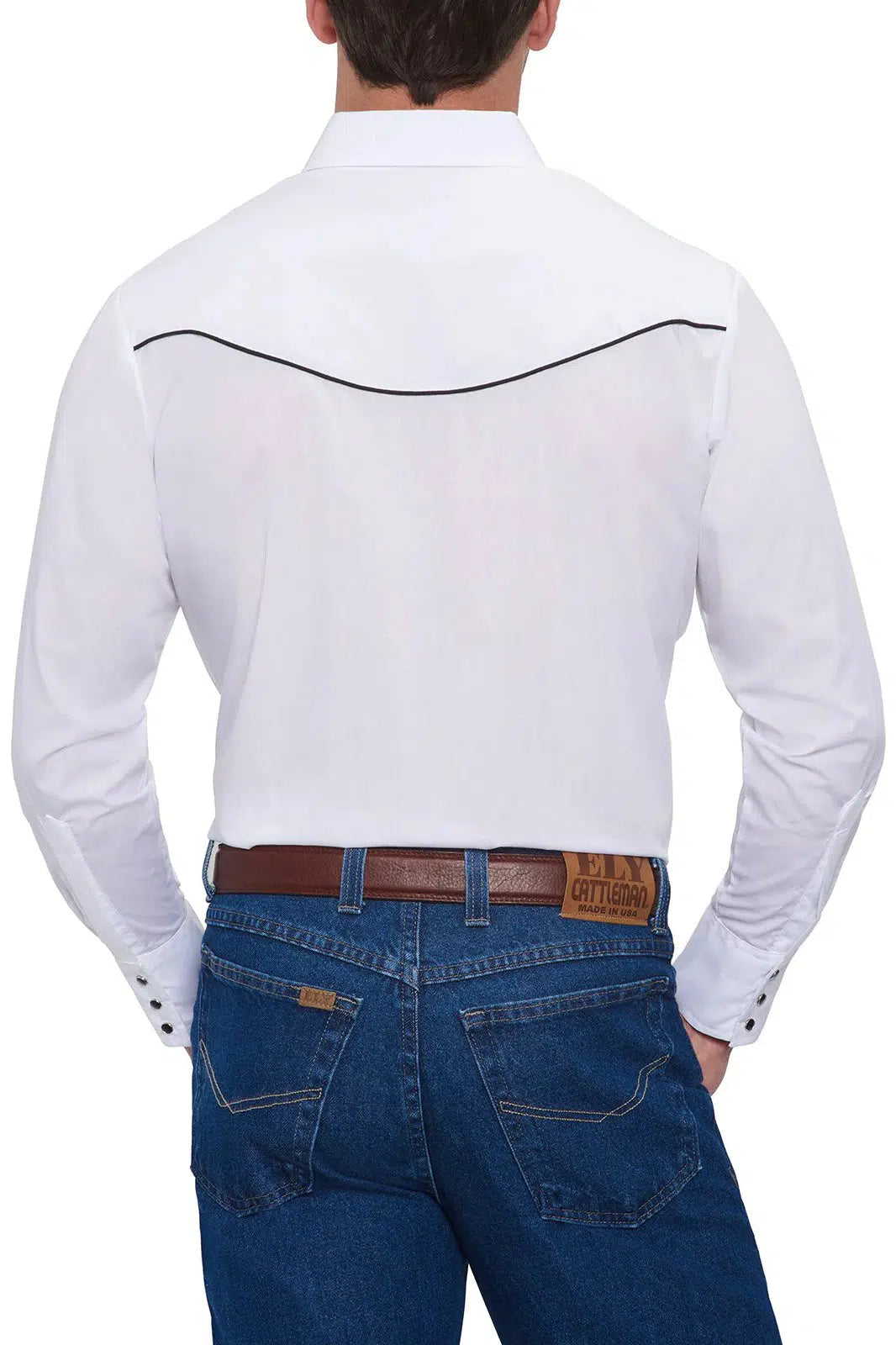 The back of a man wearing jeans and a white ELY Mens Embroidered Eagle Western Shirt.