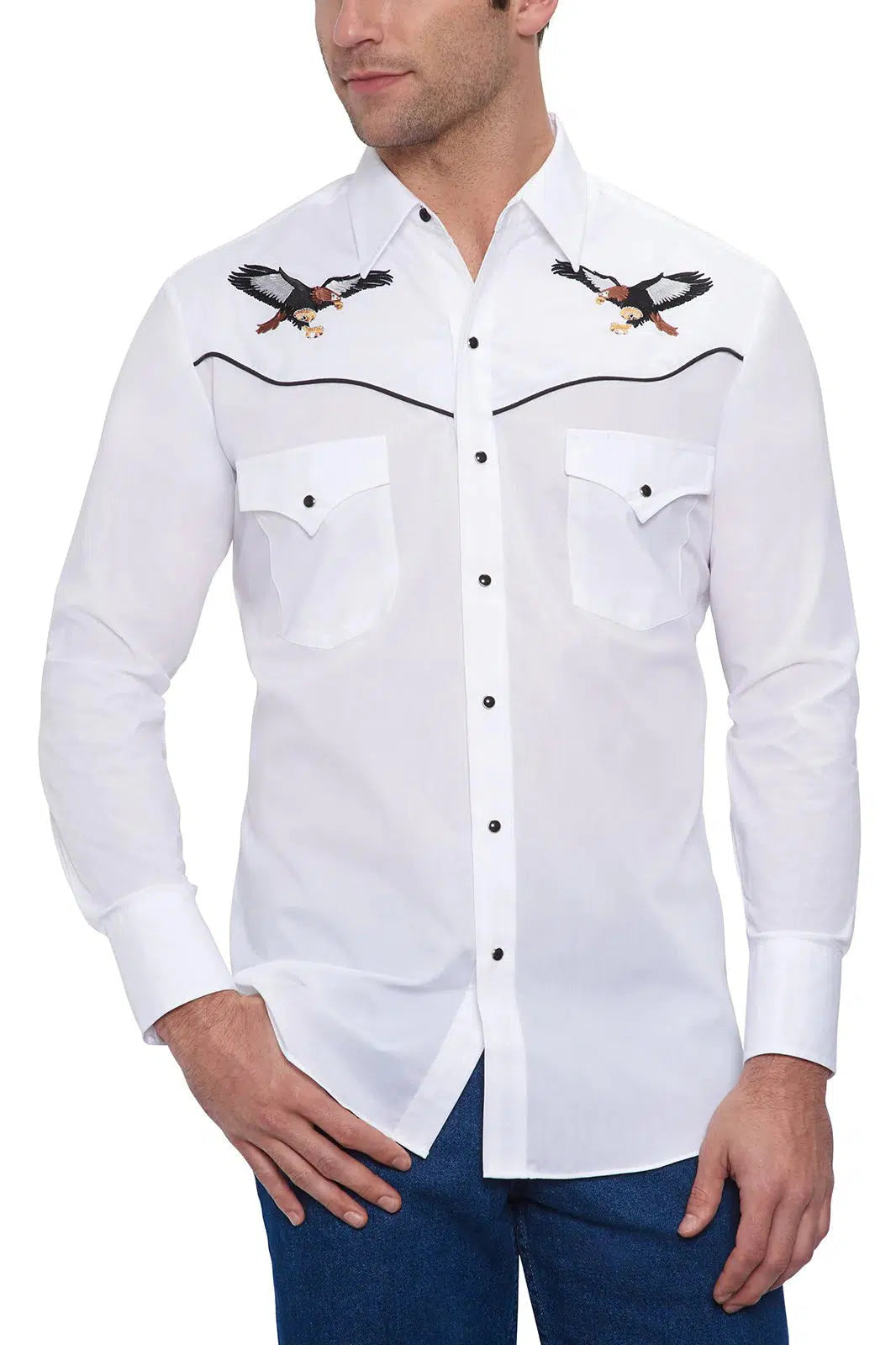 A man wearing an ELY Mens Embroidered Eagle Western Shirt, by Ely, against a white background