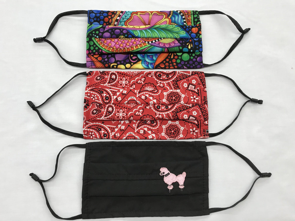 Three Square Up Fashions washable and reusable face masks with paisley designs, featuring 2 layers of protection and an adjustable nose wire.