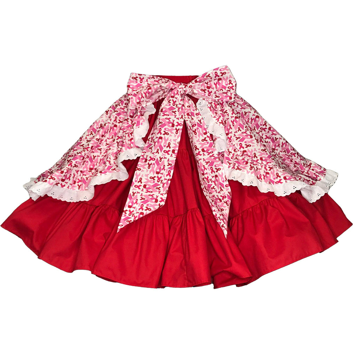 A red and white floral skirt with ruffles, featuring Square Up Fashions Pink Ribbon Apron.