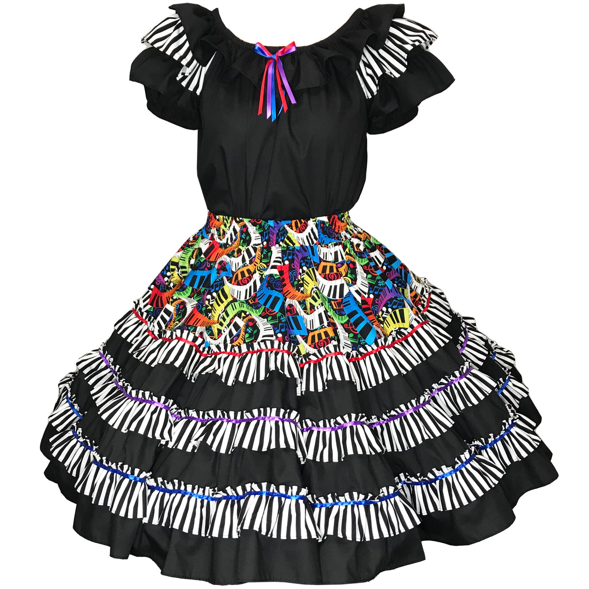 Limited quantities of a women&#39;s Musical Multi-color Square Dance Outfit with colorful ruffles and a piano keys stripe print, by Square Up Fashions.